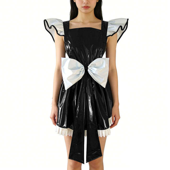 Shiny PVC Leather Fly Sleeve Cosplay Mini Dress Women Sweet Big Bow Party Dress Cocktail Square Neck Lolita Halloween Ruffle