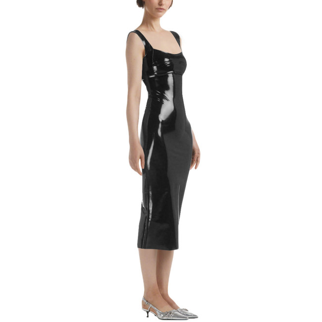 Lady Sexy Sleeveless Midi Dress Vinyl PVC Leather Pleated Bodycon Square Collar Dress Plunging Neckline Pajamas Night Party Wear