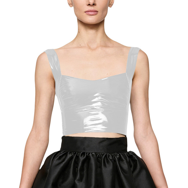 Women Party Glossy PVC Square Neck Crop Top Wide Straps Backless Wetlook Cocktail Sexy Clubwear Gothic Fetish Back Zipper Top