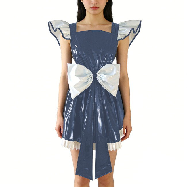 Shiny PVC Leather Fly Sleeve Cosplay Mini Dress Women Sweet Big Bow Party Dress Cocktail Square Neck Lolita Halloween Ruffle