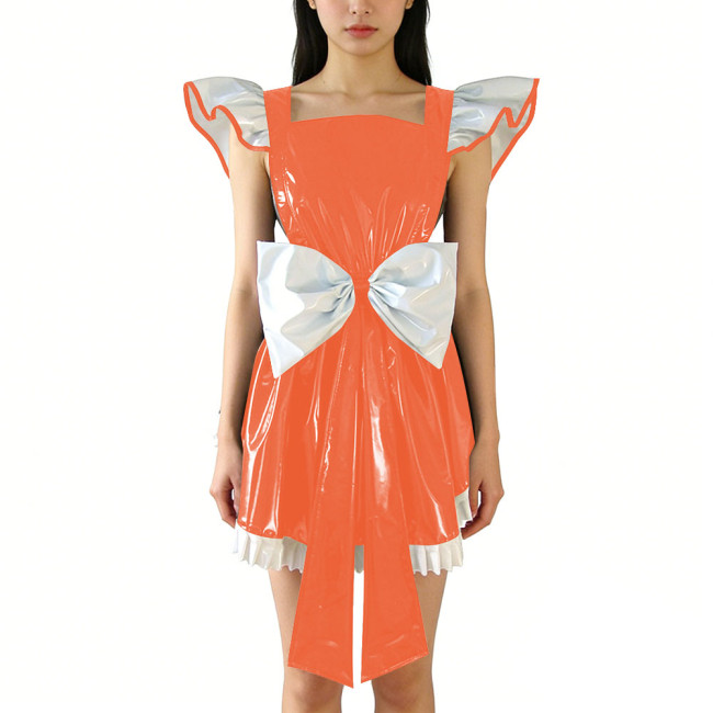Shiny PVC Leather Fly Sleeve Cosplay Mini Dress Women Sweet Big Bow Party Dress Cocktail Square Neck Lolita Halloween Ruffle