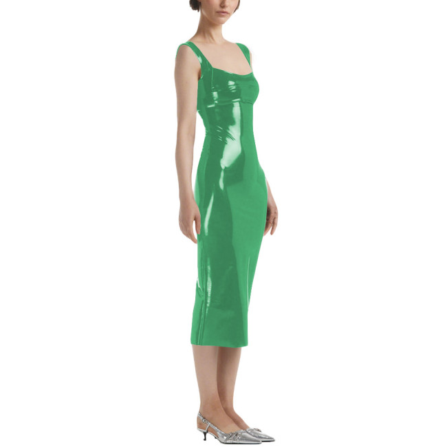 Lady Sexy Sleeveless Midi Dress Vinyl PVC Leather Pleated Bodycon Square Collar Dress Plunging Neckline Pajamas Night Party Wear