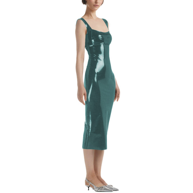 Lady Sexy Sleeveless Midi Dress Vinyl PVC Leather Pleated Bodycon Square Collar Dress Plunging Neckline Pajamas Night Party Wear