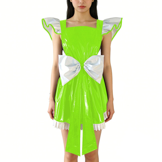 Shiny PVC Leather Fly Sleeve Cosplay Mini Dress Women Sweet Big Bow Party Dress Cocktail Square Neck Lolita Halloween Ruffle