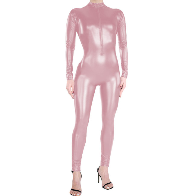 Adult Party Matte Faux Leather Clubwear High Neck Full Bodysuit Sexy Front Zipper Catsuit Gothic Fetish Long Sleeve Jumpsuit