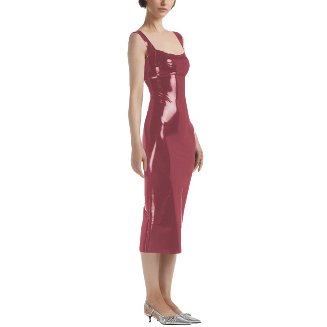 Lady Sexy Sleeveless Midi Dress Vinyl PVC Leather Pleated Bodycon Square Collar Dress Plunging Neckline Pajamas Night Party Wear