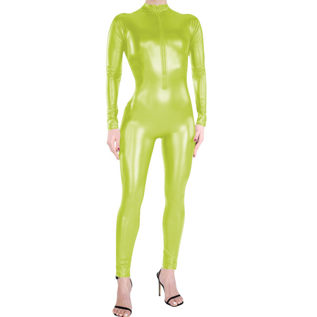 Adult Party Matte Faux Leather Clubwear High Neck Full Bodysuit Sexy Front Zipper Catsuit Gothic Fetish Long Sleeve Jumpsuit