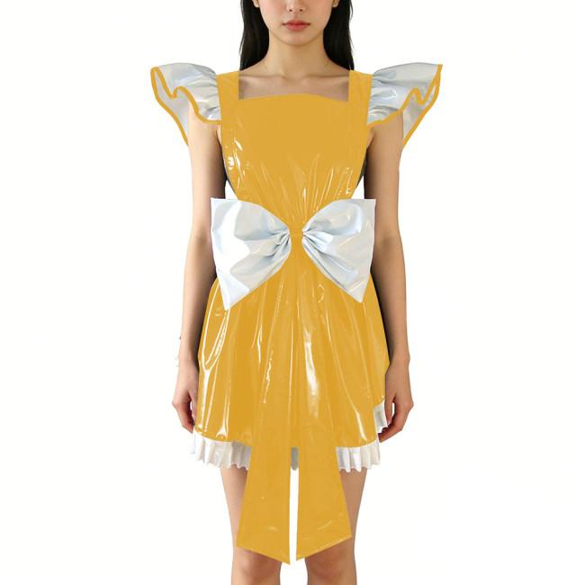Shiny PVC Leather Fly Sleeve Cosplay Mini Dress Women Sweet Big Bow Party Dress Cocktail Square Neck Lolita Halloween Ruffle
