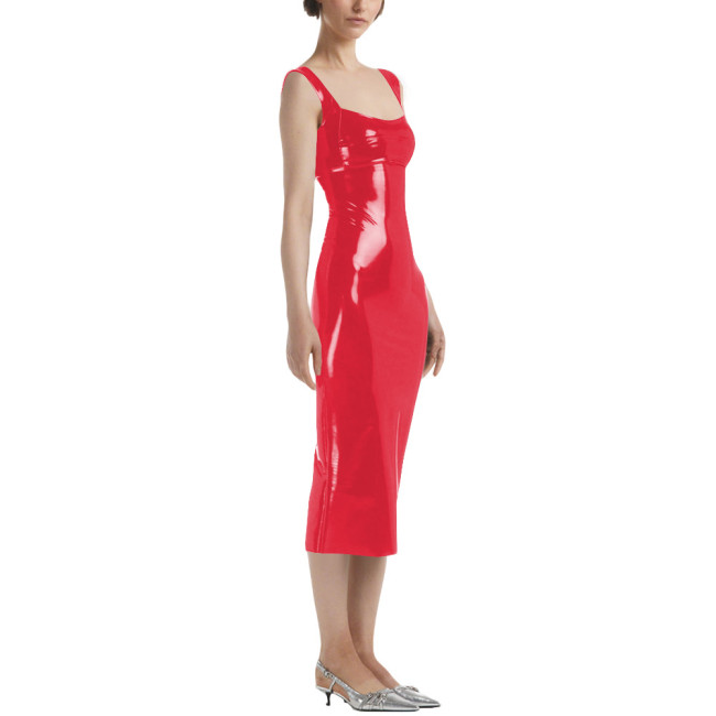 Lady Sexy Sleeveless Midi Dress Vinyl PVC Leather Pleated Bodycon Square Collar Dress Plunging Neckline Pajamas Night Party Wear