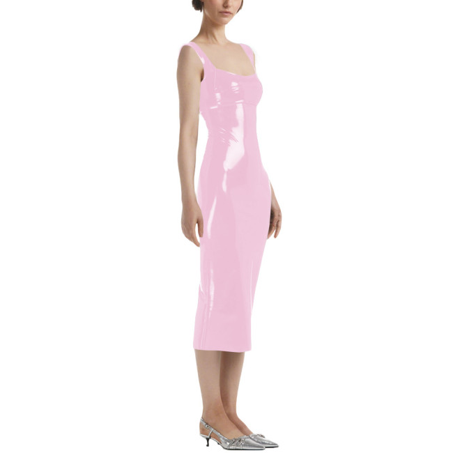 Lady Sexy Sleeveless Midi Dress Vinyl PVC Leather Pleated Bodycon Square Collar Dress Plunging Neckline Pajamas Night Party Wear