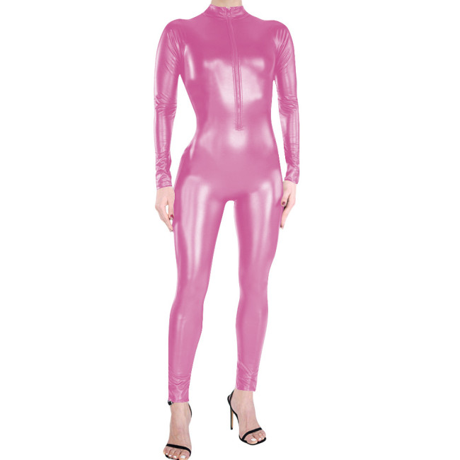 Adult Party Matte Faux Leather Clubwear High Neck Full Bodysuit Sexy Front Zipper Catsuit Gothic Fetish Long Sleeve Jumpsuit