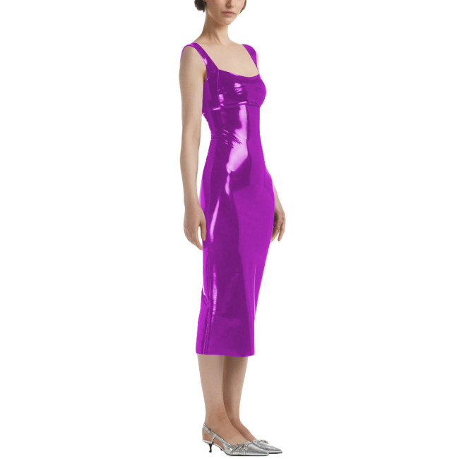 Lady Sexy Sleeveless Midi Dress Vinyl PVC Leather Pleated Bodycon Square Collar Dress Plunging Neckline Pajamas Night Party Wear
