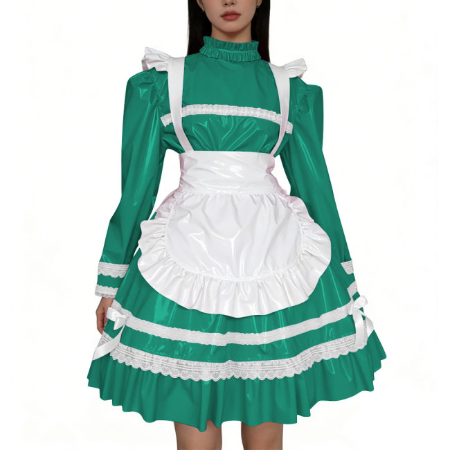 Shiny PVC Leather French Maid Cosplay Dress Lace Lolita Apron Halloween Maid Uniforms Party Knee-length Fetish Cross-dresser