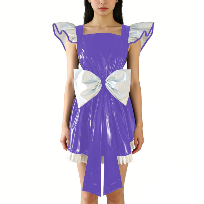 Shiny PVC Leather Fly Sleeve Cosplay Mini Dress Women Sweet Big Bow Party Dress Cocktail Square Neck Lolita Halloween Ruffle