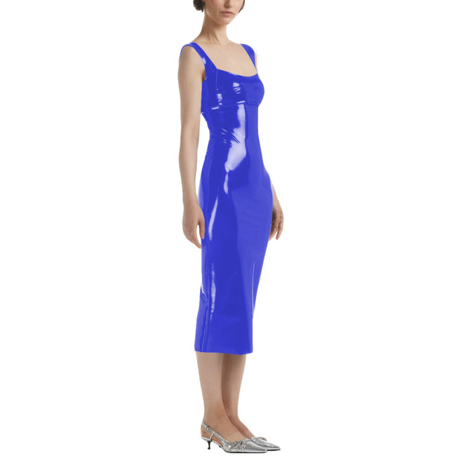 Lady Sexy Sleeveless Midi Dress Vinyl PVC Leather Pleated Bodycon Square Collar Dress Plunging Neckline Pajamas Night Party Wear