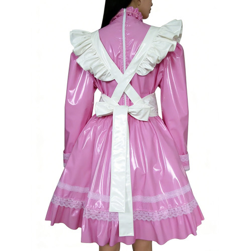 Shiny PVC Leather French Maid Cosplay Dress Lace Lolita Apron Halloween Maid Uniforms Party Knee-length Fetish Cross-dresser