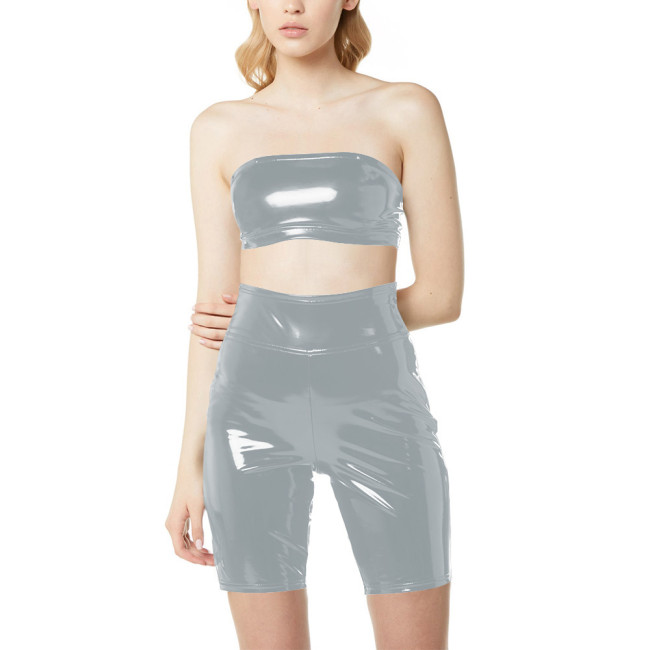 Shiny PVC Two Piece Gothic Set Strapless Crop Top High Waist Biker Shorts Wetlook Backless Cosplay Set Sexy Back Zipper Bodysuit