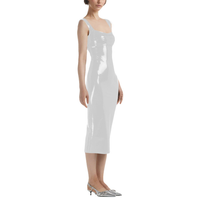 Lady Sexy Sleeveless Midi Dress Vinyl PVC Leather Pleated Bodycon Square Collar Dress Plunging Neckline Pajamas Night Party Wear