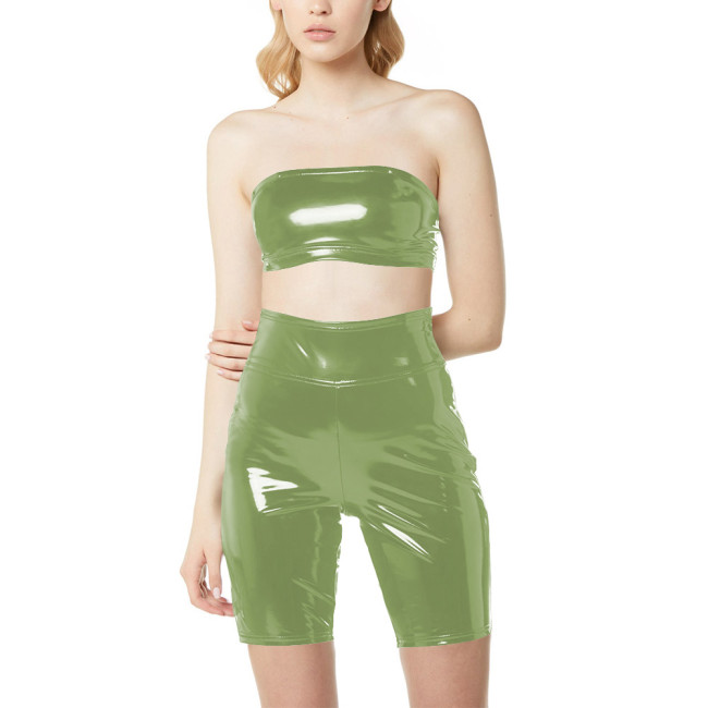 Shiny PVC Two Piece Gothic Set Strapless Crop Top High Waist Biker Shorts Wetlook Backless Cosplay Set Sexy Back Zipper Bodysuit