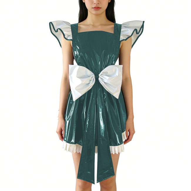 Shiny PVC Leather Fly Sleeve Cosplay Mini Dress Women Sweet Big Bow Party Dress Cocktail Square Neck Lolita Halloween Ruffle