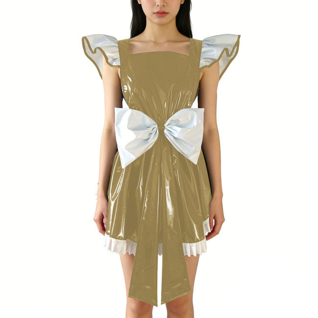 Shiny PVC Leather Fly Sleeve Cosplay Mini Dress Women Sweet Big Bow Party Dress Cocktail Square Neck Lolita Halloween Ruffle