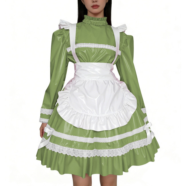 Shiny PVC Leather French Maid Cosplay Dress Lace Lolita Apron Halloween Maid Uniforms Party Knee-length Fetish Cross-dresser