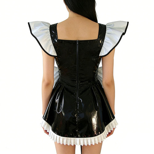 Shiny PVC Leather Fly Sleeve Cosplay Mini Dress Women Sweet Big Bow Party Dress Cocktail Square Neck Lolita Halloween Ruffle