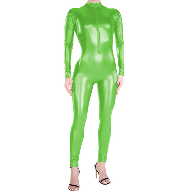 Adult Party Matte Faux Leather Clubwear High Neck Full Bodysuit Sexy Front Zipper Catsuit Gothic Fetish Long Sleeve Jumpsuit