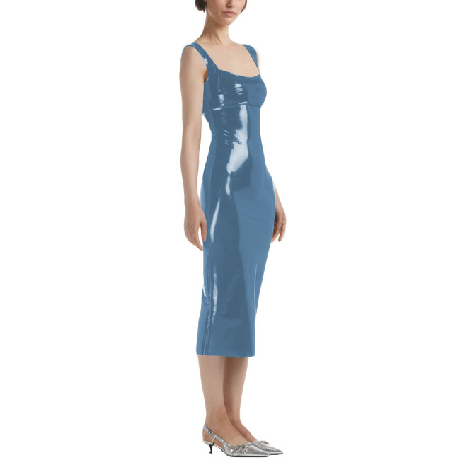 Lady Sexy Sleeveless Midi Dress Vinyl PVC Leather Pleated Bodycon Square Collar Dress Plunging Neckline Pajamas Night Party Wear