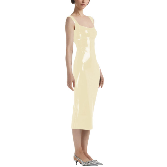 Lady Sexy Sleeveless Midi Dress Vinyl PVC Leather Pleated Bodycon Square Collar Dress Plunging Neckline Pajamas Night Party Wear