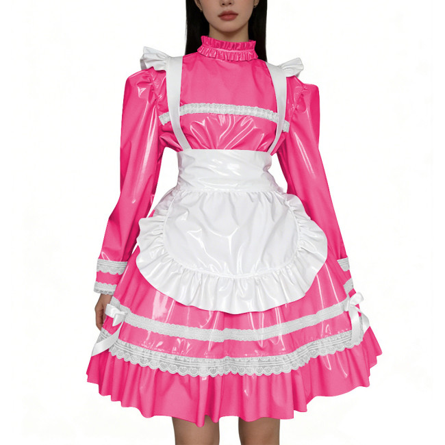 Shiny PVC Leather French Maid Cosplay Dress Lace Lolita Apron Halloween Maid Uniforms Party Knee-length Fetish Cross-dresser