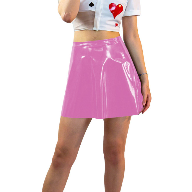 Plus Size Shiny Patent Leather Mini A-line Dress Womens PVC Glossy Short Skating Skirt Gothic High Waist Flared Skirts Clubwear