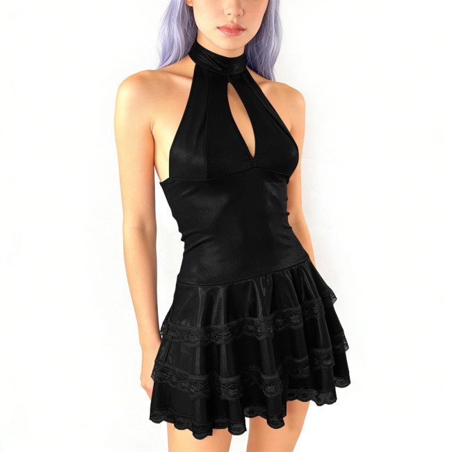 Sexy Pleated Mini Evening Dress Womens Goth Sleeveless Short Prom Dress Halter Collar Backless Cocktail Party Dress Pole Dance