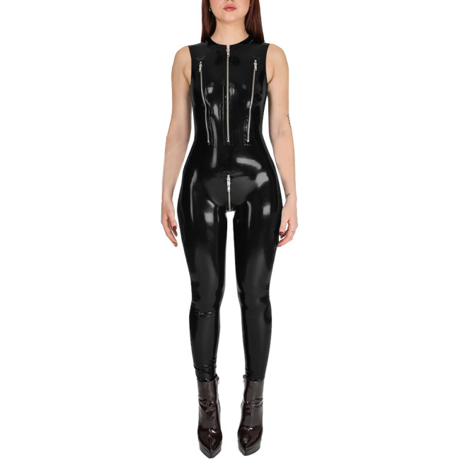 Club Cosplay Sleeveless Sexy Catsuit with Zipper Open Crotch Wetlook PVC Leather Open Breast Jumpsuit Womens Exotic Bodysuit