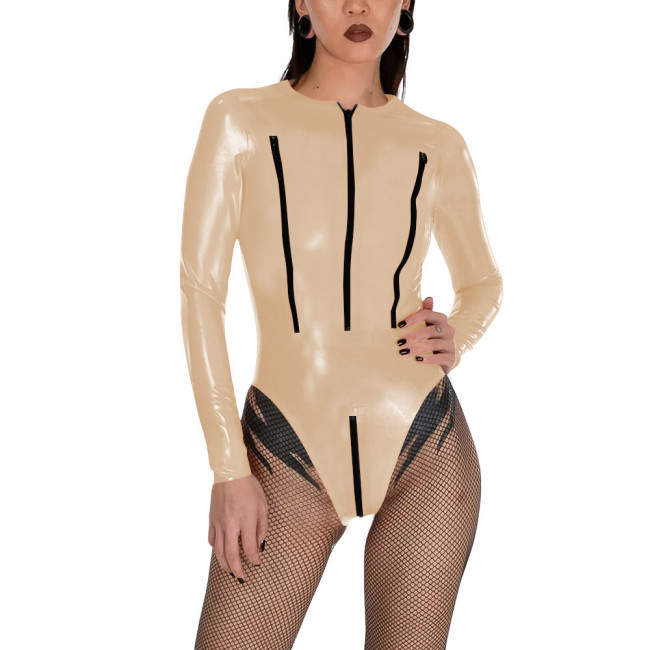 Porno PVC Glossy Leather Bodysuit Sexy Zipper Open Breast Teddies Wetlook Clubwear Lingerie Long Sleeve Zip Crotchless Rompers