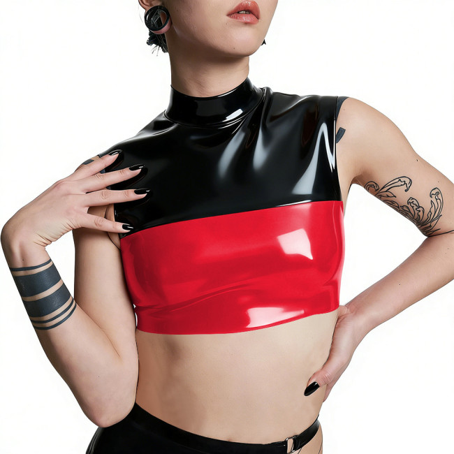 Plus Size Punk PVC Wetlook Leather Cropped Tops Glossy Patchwork Vests Back Zipper Slim Fit Tank T-shirt Pole Dance Clubwear