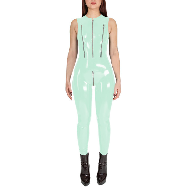 Club Cosplay Sleeveless Sexy Catsuit with Zipper Open Crotch Wetlook PVC Leather Open Breast Jumpsuit Womens Exotic Bodysuit