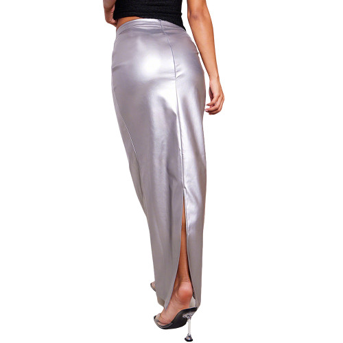 Matte PU Leather Long Pencil Skirts Plus Size Solid Color Maxi Skirt Women's Trendy Wrap Slit Back Skirt Streetwear Club Outfits