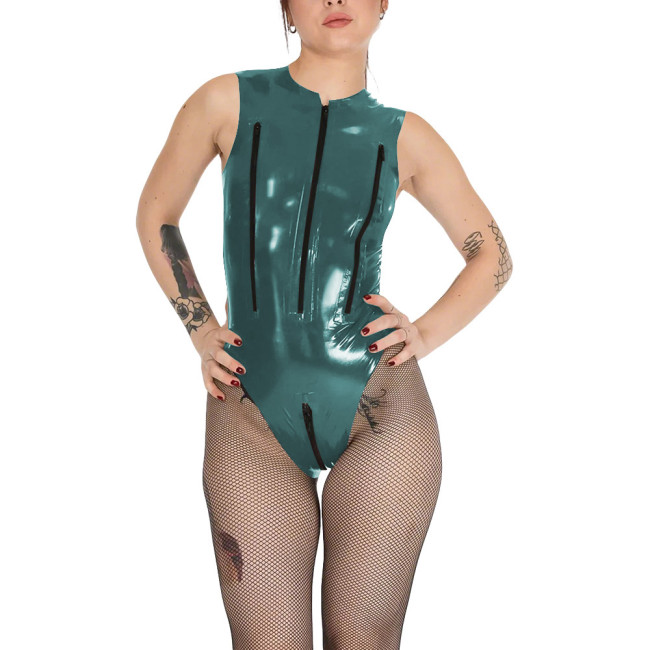 Wetlook Chest Zipper Sexy Tank Bodysuit Womens Zipper Open Crotch Tights PVC Leather Romper Exotic Lingerie Unitard Clubwear
