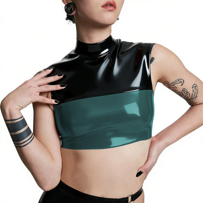 Plus Size Punk PVC Wetlook Leather Cropped Tops Glossy Patchwork Vests Back Zipper Slim Fit Tank T-shirt Pole Dance Clubwear