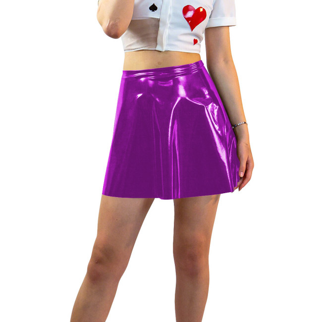 Plus Size Shiny Patent Leather Mini A-line Dress Womens PVC Glossy Short Skating Skirt Gothic High Waist Flared Skirts Clubwear