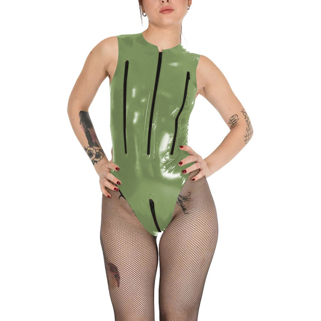 Wetlook Chest Zipper Sexy Tank Bodysuit Womens Zipper Open Crotch Tights PVC Leather Romper Exotic Lingerie Unitard Clubwear