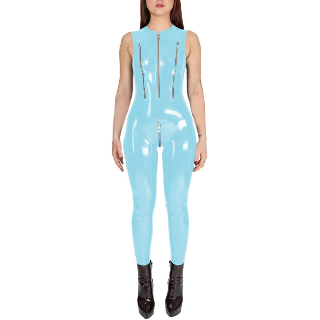 Club Cosplay Sleeveless Sexy Catsuit with Zipper Open Crotch Wetlook PVC Leather Open Breast Jumpsuit Womens Exotic Bodysuit