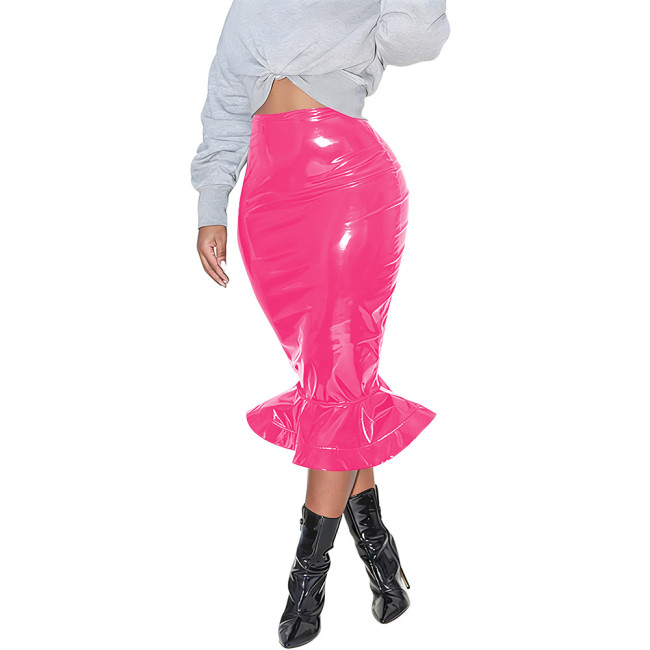Womens Bodycon Zipper Mermaid Skirt PVC Faux Leather Solid Color Ruffles Hem Midi Skirt Club High Waisted Straight Tight Skirt