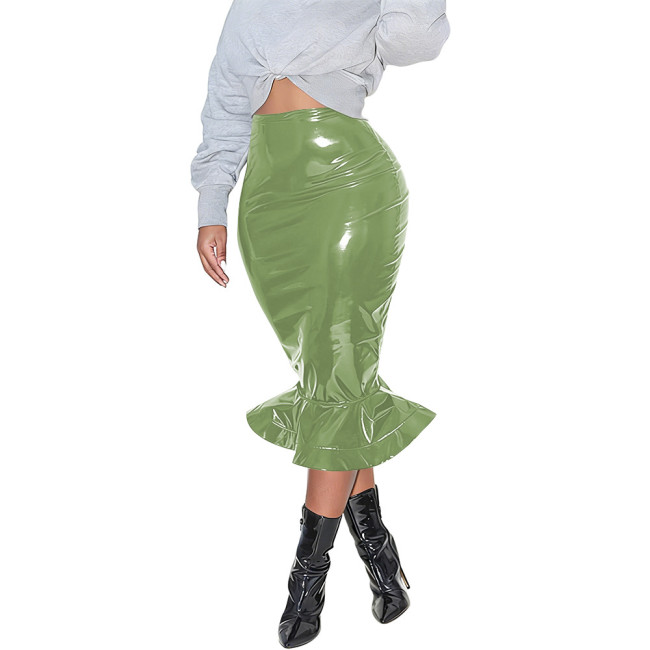 Womens Bodycon Zipper Mermaid Skirt PVC Faux Leather Solid Color Ruffles Hem Midi Skirt Club High Waisted Straight Tight Skirt