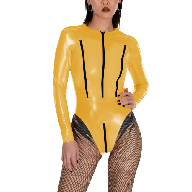 Porno PVC Glossy Leather Bodysuit Sexy Zipper Open Breast Teddies Wetlook Clubwear Lingerie Long Sleeve Zip Crotchless Rompers