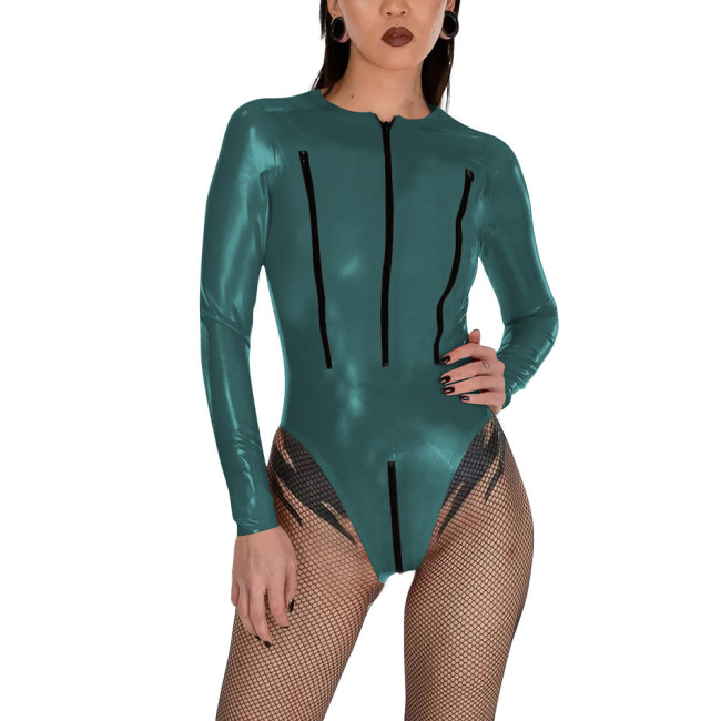 Porno PVC Glossy Leather Bodysuit Sexy Zipper Open Breast Teddies Wetlook Clubwear Lingerie Long Sleeve Zip Crotchless Rompers