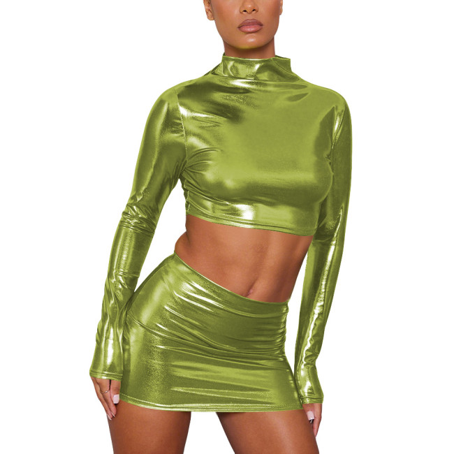 Women Metallic Shiny Crop Tops with High Waist Mini Skirts Nightclub Party Two Piece Outfits  Plus Size Pole Dancing Costume 8XL