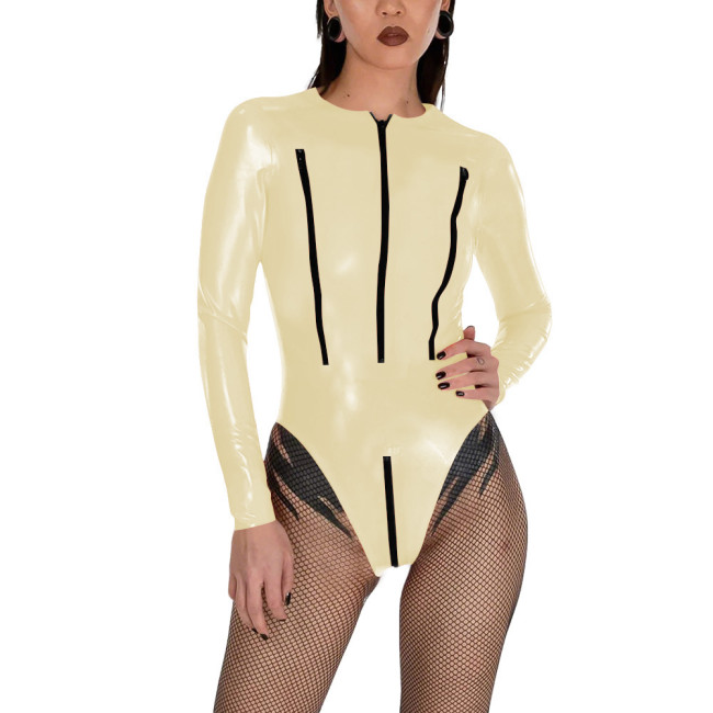 Porno PVC Glossy Leather Bodysuit Sexy Zipper Open Breast Teddies Wetlook Clubwear Lingerie Long Sleeve Zip Crotchless Rompers