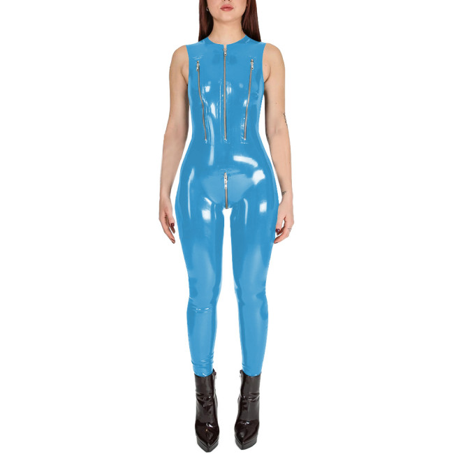 Club Cosplay Sleeveless Sexy Catsuit with Zipper Open Crotch Wetlook PVC Leather Open Breast Jumpsuit Womens Exotic Bodysuit